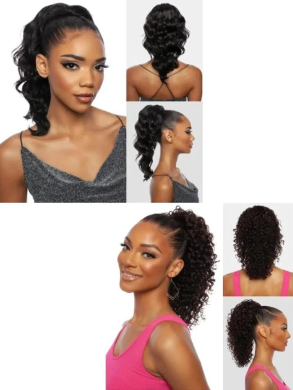 Human Hair Ponytails – Loose Deep 16" + Deep Curly 16" – Natural Black Lot